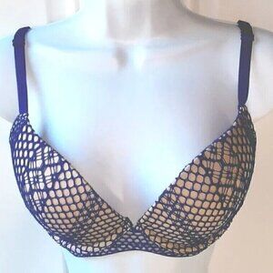 Victoria's Secret Very Sexy bra 80s Style Fishnet Plunge Underwire 32DD‎ BLUE